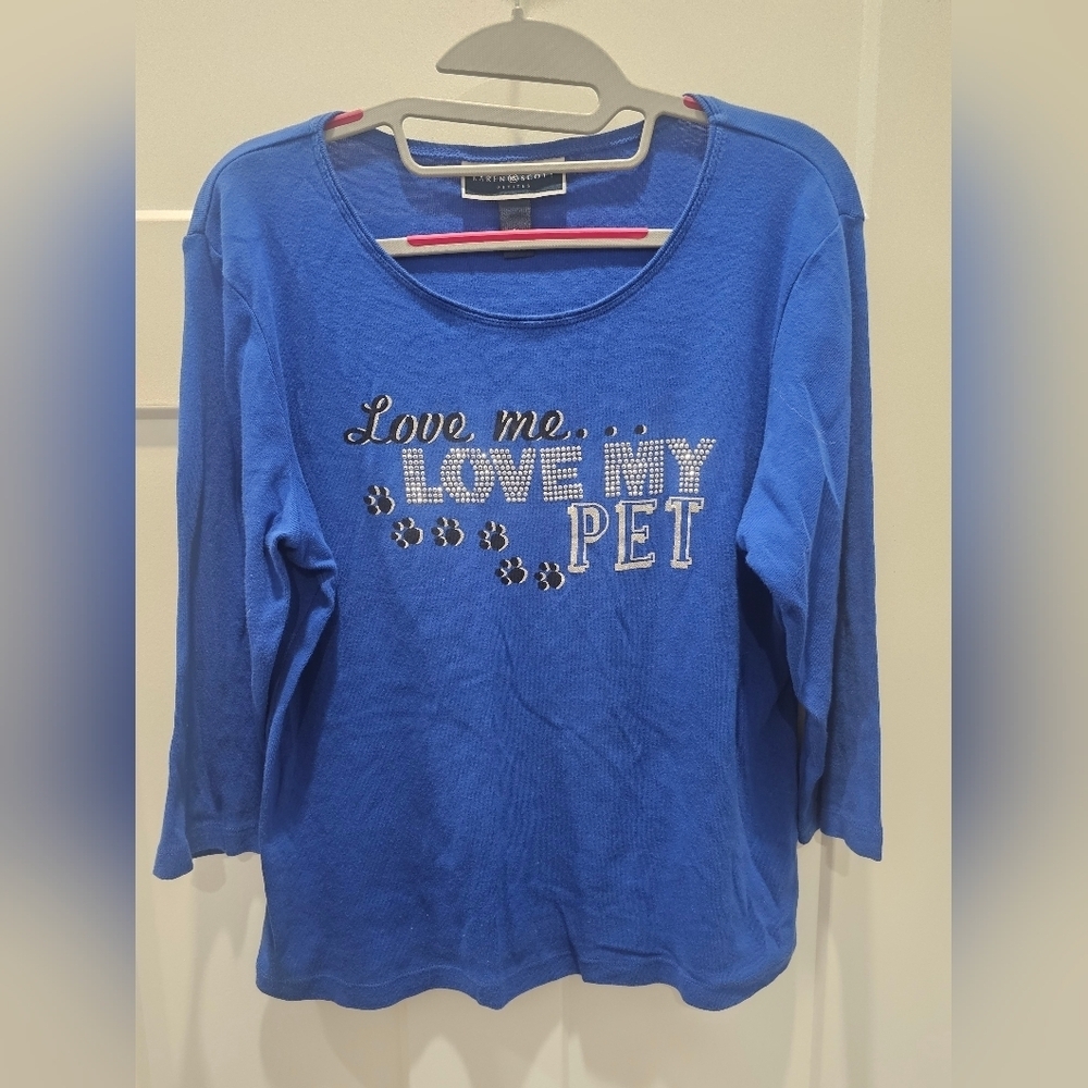 Karen Scott Petites Blue "Love Me Love My Pet" Paw Print Rhinestone Top PL